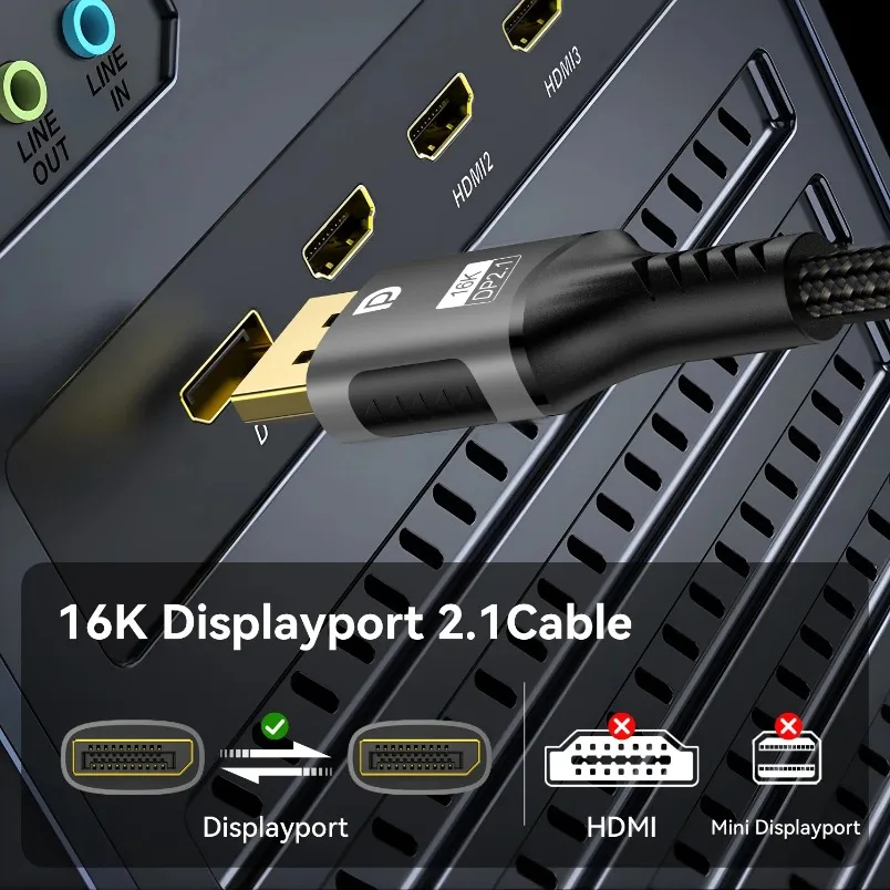 For Laptop TV Xbox Projector Gaming Monitor 16K DP 2.1 8K@120Hz 4K@240Hz 80Gbps HDR Video Audio Displayport Cable Display Port
