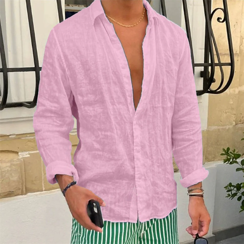 Camisa de lino y algodón para hombre, Tops informales de manga larga de Color sólido con solapa ajustada, estilo básico, transpirables, con botones, primavera y otoño