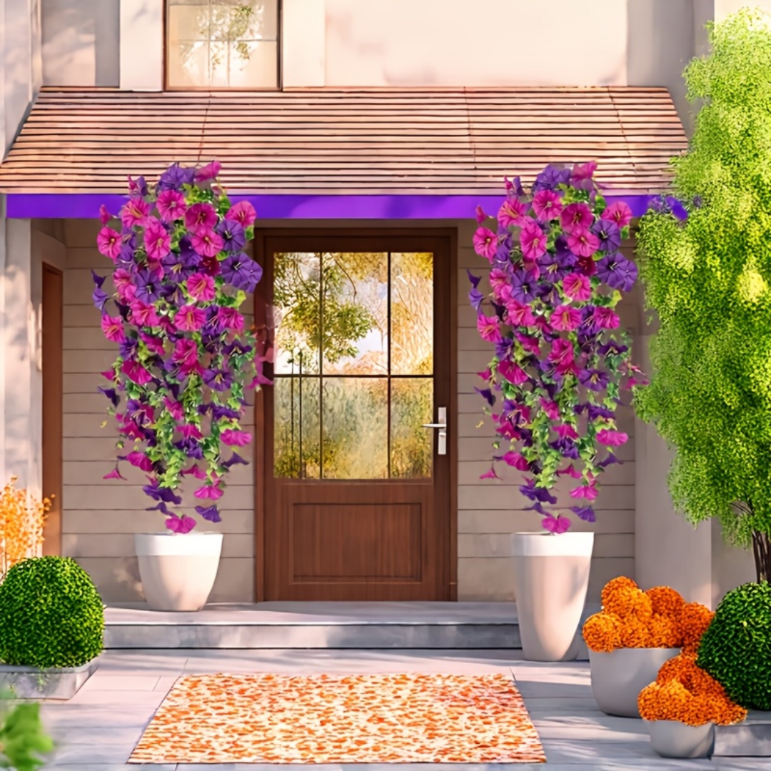 2pcs UV-Resistant Artificial Morning Glory & Eucalyptus Hanging Decor - Perfect for Home Garden Weddings Versatile Outdoor Decor