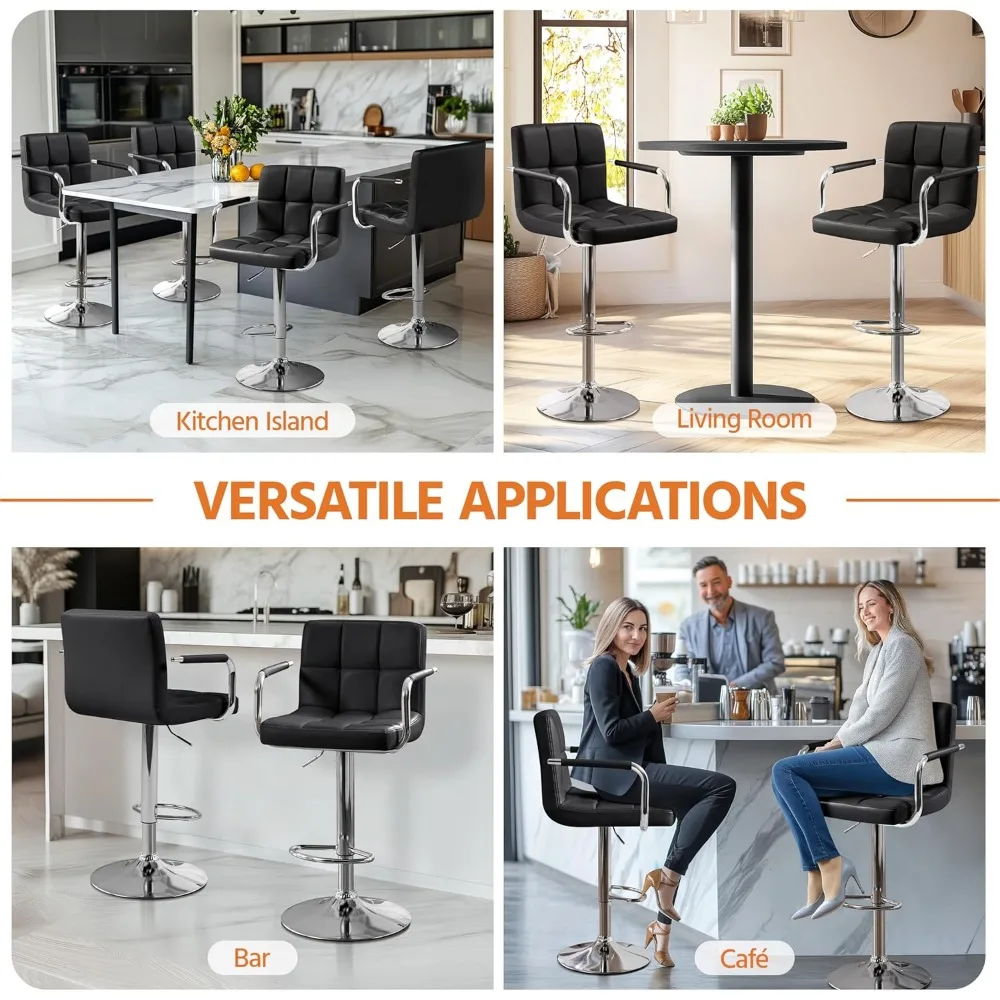 Bar Stools Set of 2, PU Leather Adjustable Swivel Barstools, Hydraulic Kitchen Counter Height Bar Chairs w/Armrest and Back