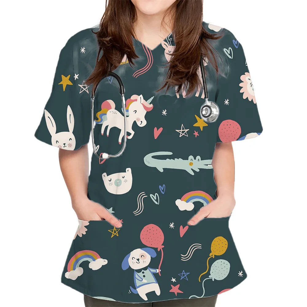 Uniforme médical de gIslande à col en V imprimé lapin mignon de dessin animé pour femmes, poche patchée, manches courtes, générateurs de soins infirmiers en Y