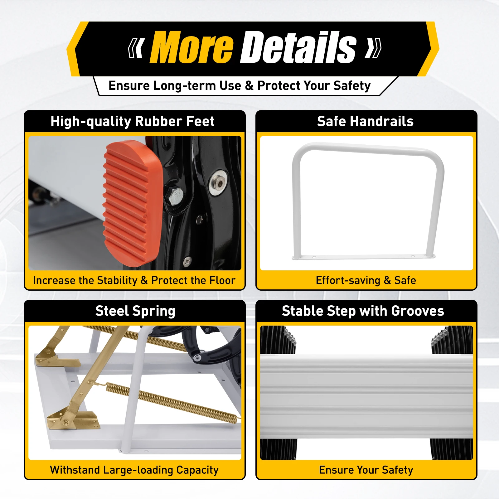 Folding Attic Ladder Wall-mounted Attic Stair Alloy Steel Spring 12 Amount Ladder With Anti-slip Feet and Safe Handrails