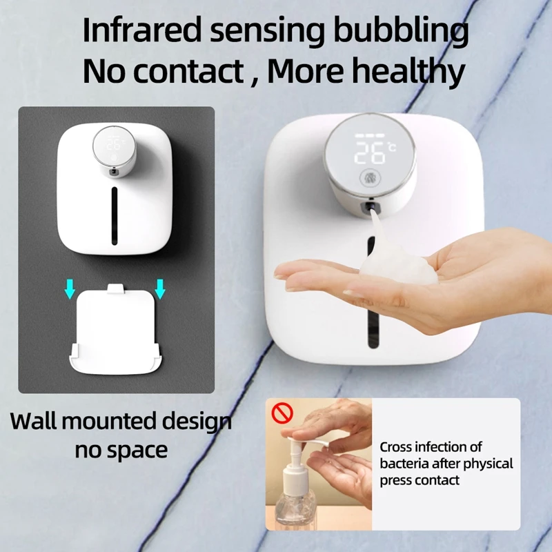 Dispensador de sabão automático de parede multifuncional sensor infravermelho led display digital touchless espuma usb recarregável