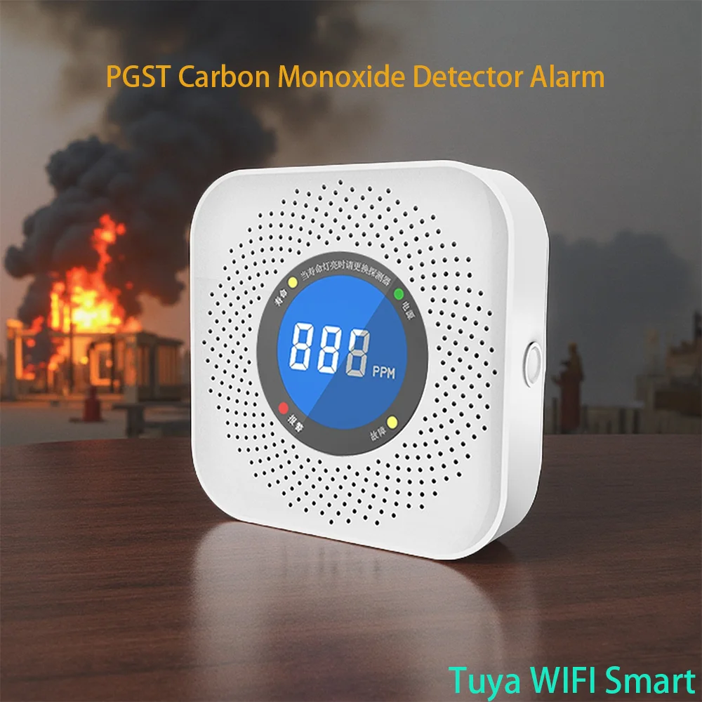 PGST 008 Tuya WiFi Smart Carbon Monoxide Detector Alarm 85dB Sound Warning LCD Digital Display Home Indoor CO Poisoning Siren