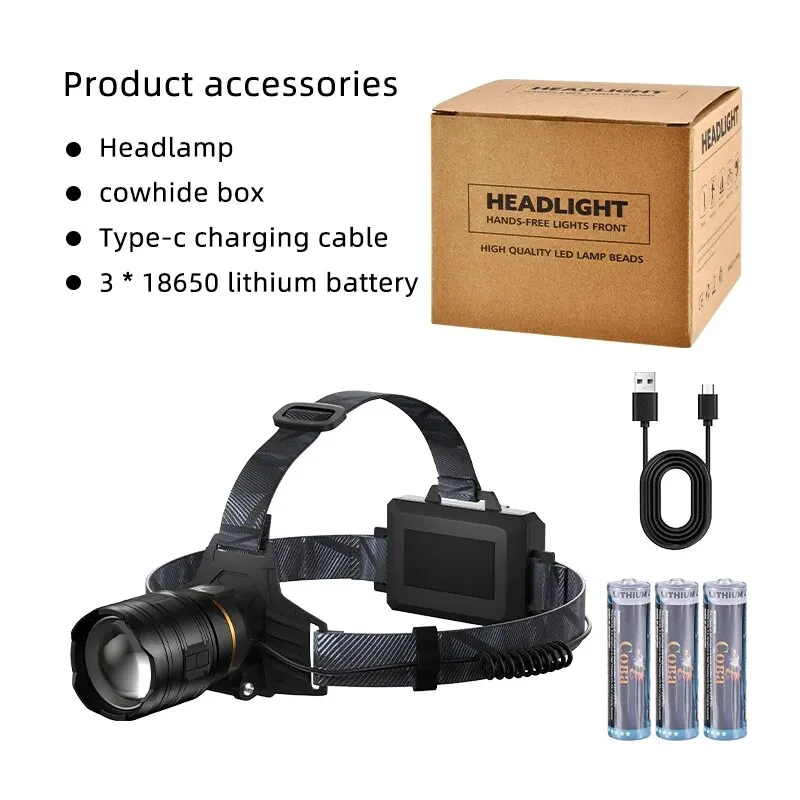 Potężna latarka czołowa XHP360 z 36 diodami LED i zoomem, ładowalna latarka czołowa 18650, regulowana jasna latarka do wędkowania, biwakowania i pieszych wędrówek