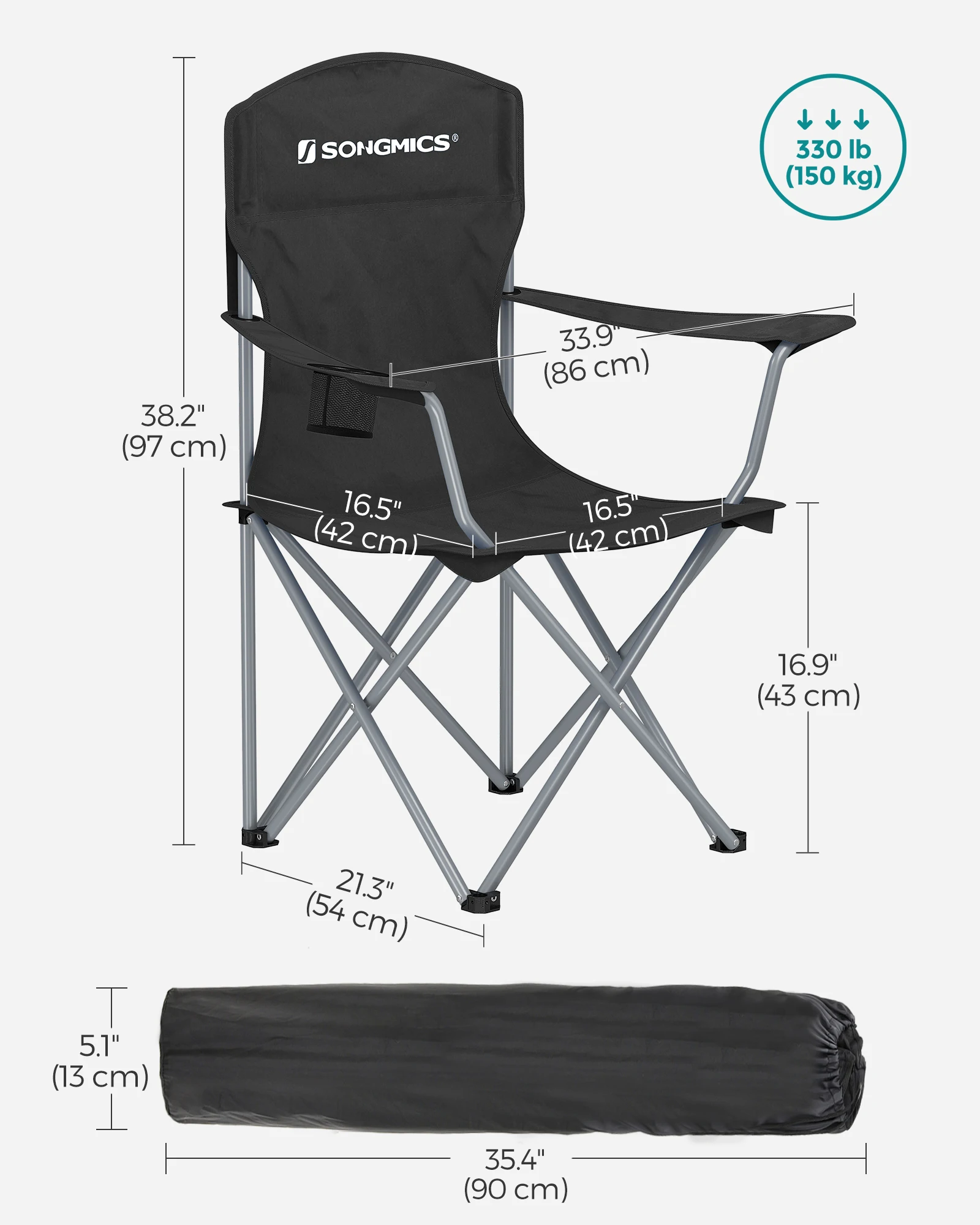 SONGMICS Set of 2 Folding Camping Chairs, Comfortable, Heavy Duty Structure, Max. Load Capacity 330 lb, Outdoor Chair