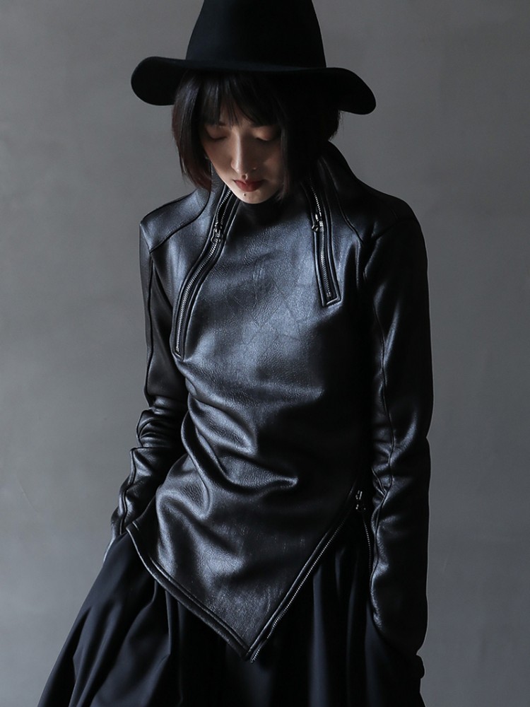 Dunklen Stil Unregelmäßigen Stehkragen Diagonal Zipper Faux Leder Sweatshirt Weibliche Kühle Schwarz Gothic Jacke Fleece Futter Pullover