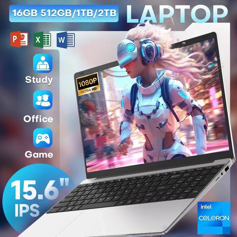15.6 inch Laptop Computer Intel Celeron N4000 Notebook PC Fingerprint Unlock Windows 11 Pro 16GB RAM 1TB SSD 1920*1080P Laptops