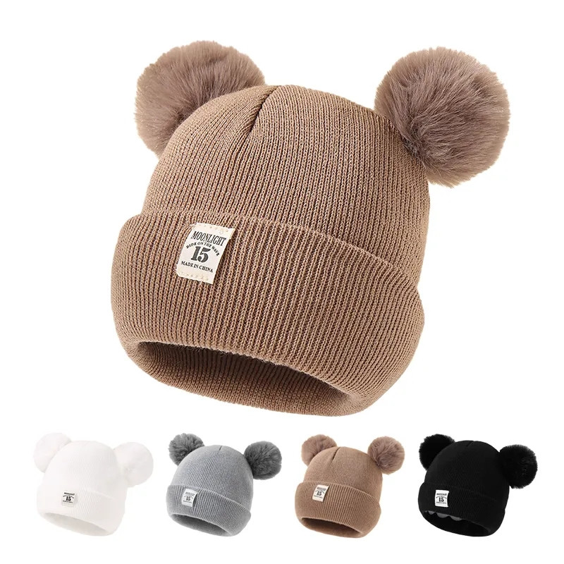 Gorros de punto cálidos para bebé, gorro de punto con pompón para niño, gorro de Color sólido, accesorios para niño y niña, Otoño e Invierno