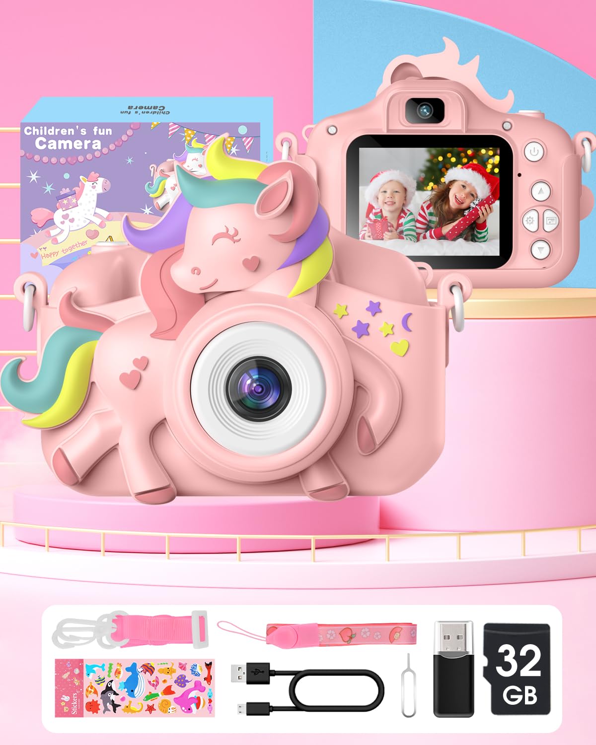 Gofunly – caméra pour enfants, 2.0 pouces, 20mp, HD, 1080P, dessin animé, Selfie, avec carte de 32 go, cadeau d'anniversaire pour filles et garçons âgés de 6 à 12 ans, facile à utiliser