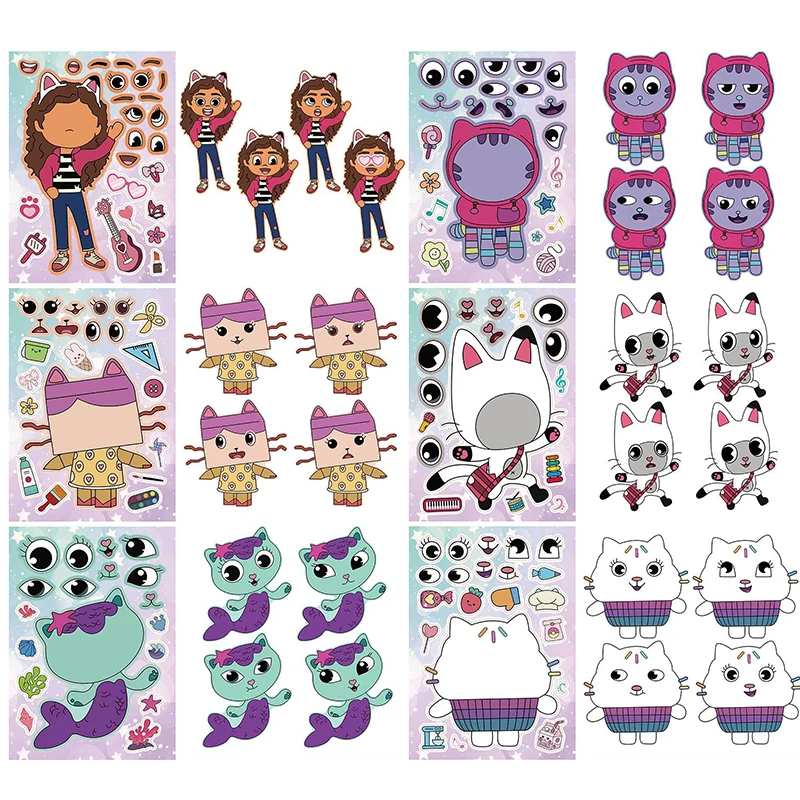 6Sheets Gabby's Dollhouse Make A Face Puzzle Stickers Cartoon Parent-child Interactive Puzzle Ledger DIY Face Stickers