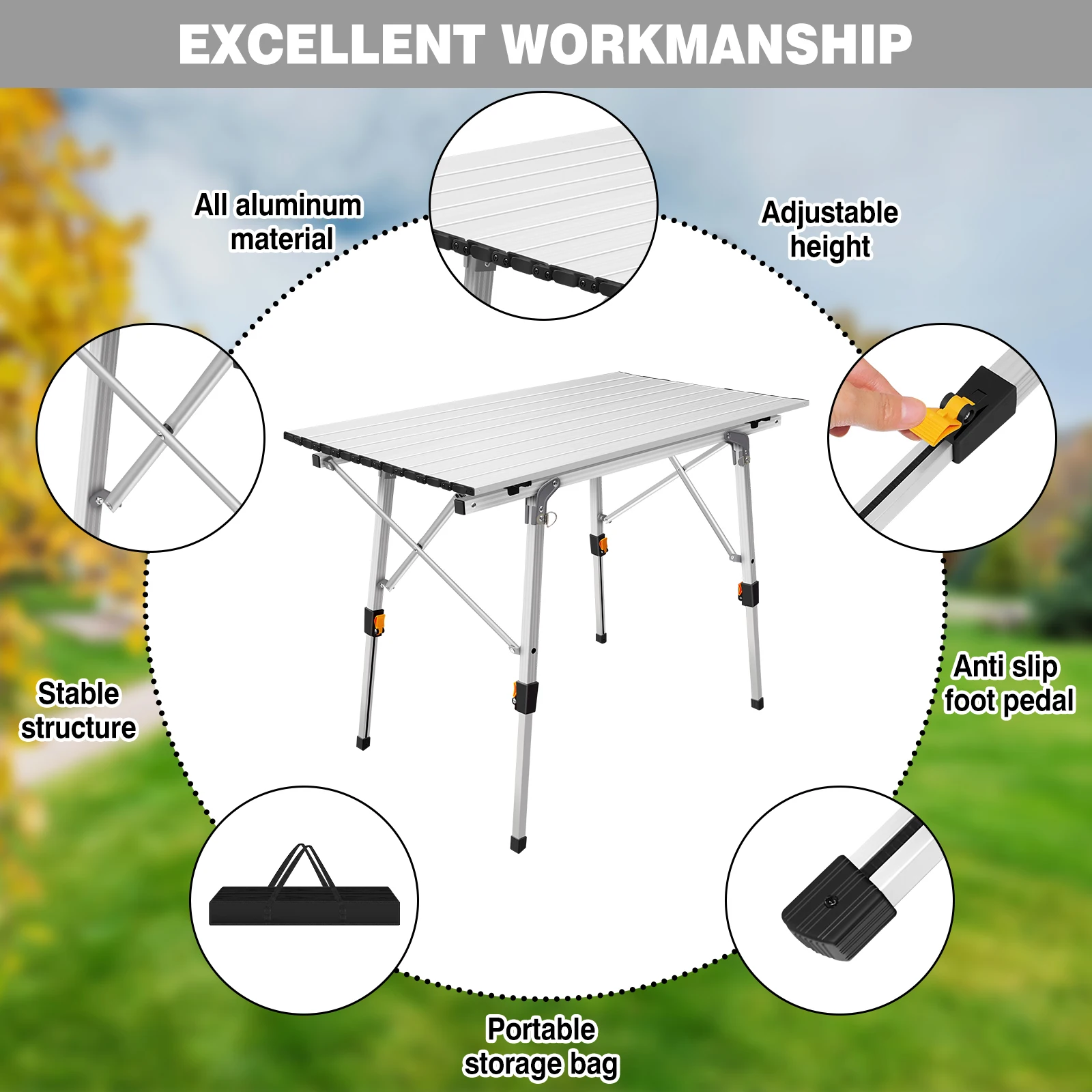 BRIEFNESS Tavolo da campeggio pieghevole in alluminio da 3 piedi leggero, altezza regolabile, portatile con contenitore per pesca in spiaggia, barbecue, giardino, picnic