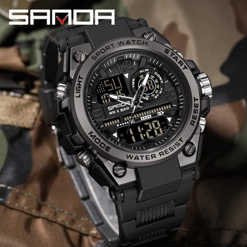 SANDA, relojes deportivos de lujo estilo G para hombre, reloj de cuarzo analógico militar, reloj Digital LED para hombre, reloj masculino resistente al agua hasta 50M