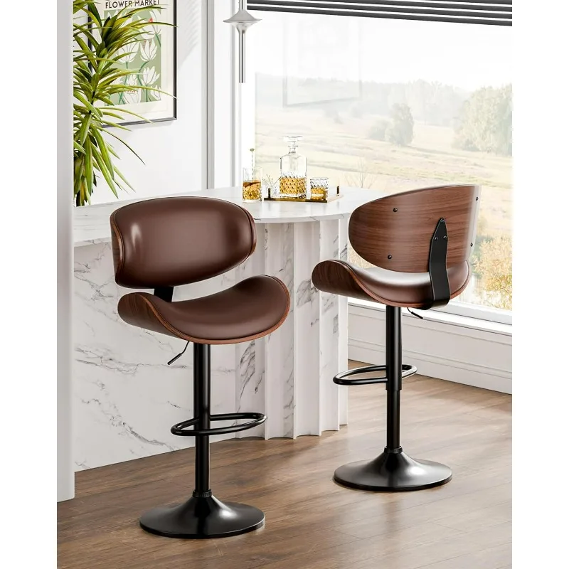 Bar Stools Set of 2, Adjustable Swivel Leather Bar Stools for Kitchen Island, Mid Century Modern Counter Height Bar Chairs