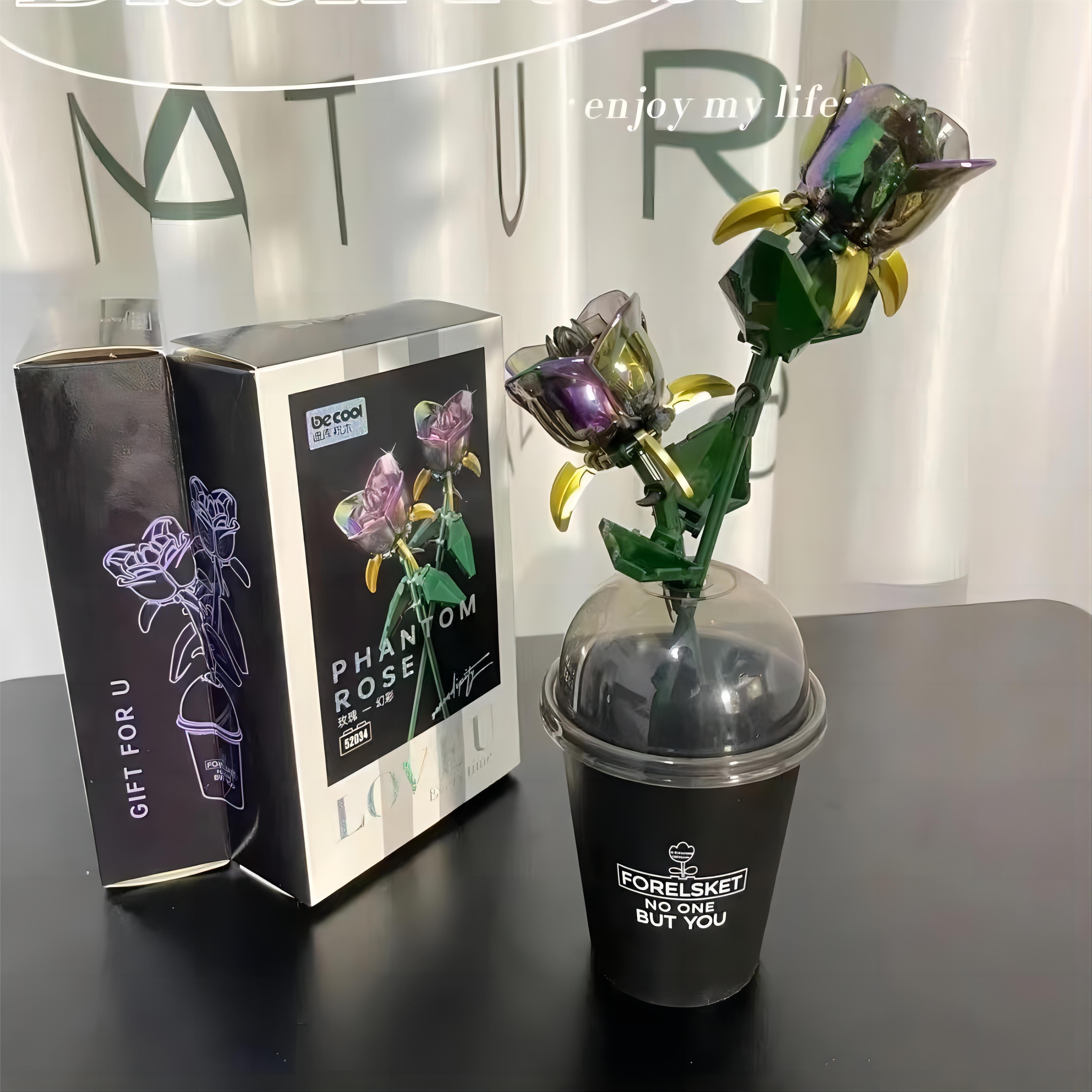 Knew Built エレガントな 3D ブラック ローズ フラワー ビルディング ブロック セット - 赤と黄色の花束モデル、精密おもちゃ、家の装飾、ギフトアイデア