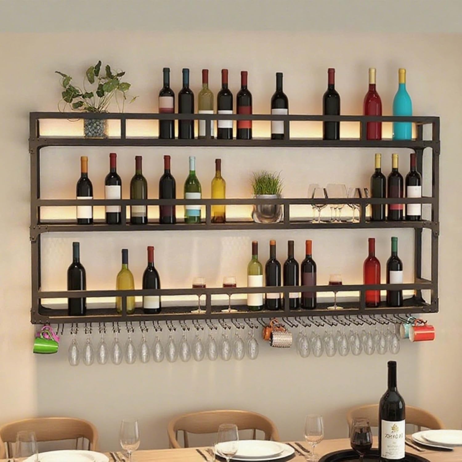 Weinregal Wand mit Glashalter, 3-stöckiges Weinpareite-Präsentationsständer, Metall-Weinflaschen-Glashalter Wandmontage für Esszimmer Home
