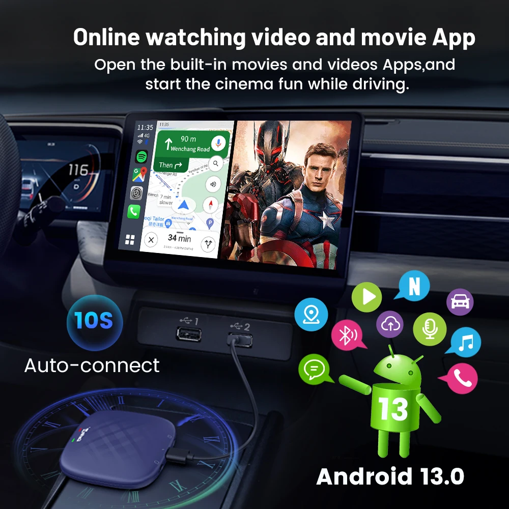 Carlinkit CarPlay Ai TV Box Plus Android13 8 + 128GB QCM 8-Core 665 6125 CarPlay inalámbrico Android Auto para Youtube Netflix 4G LTE