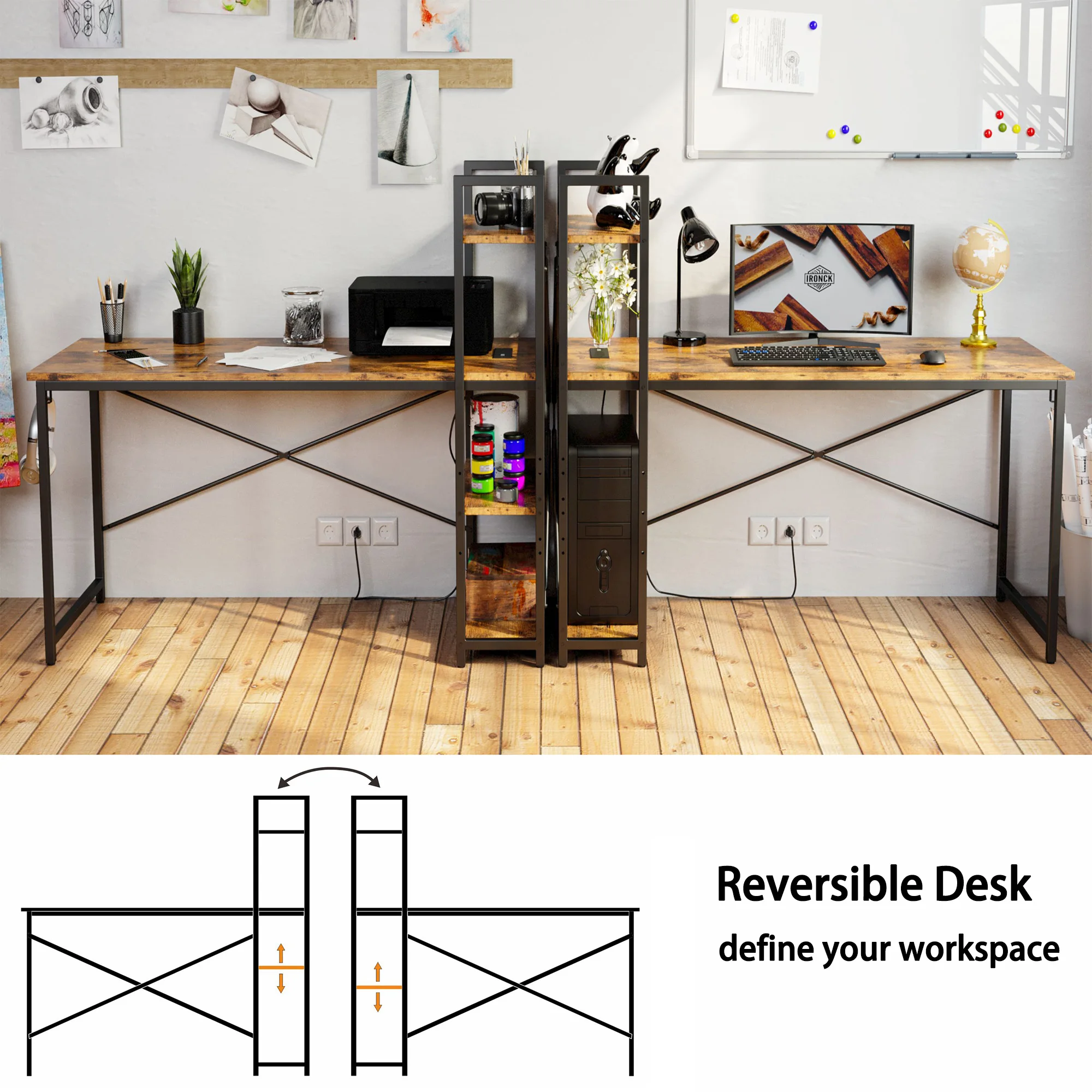 IRONCK Computer Desk 47" with Power Outlet & Storage Shelves, Study Writing Table with USB Ports Charging Station