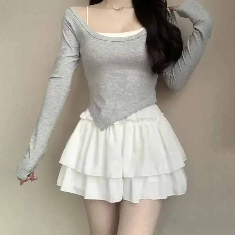 Falda Kawaii de verano con volantes blancos, Mini Faldas de gasa ajustadas a la moda para mujer, Faldas femeninas Y2k que combinan con todo, Faldas negras elásticas de cintura alta