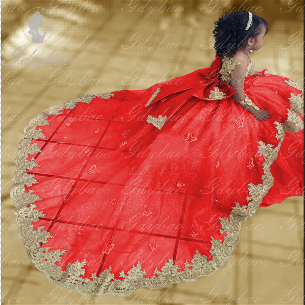 Blumenmädchenkleider mit Applikationen, langen Ärmeln, Prinzessin, Festzugskleid, langes Partykleid für Kinder, Erstkommunionkleider