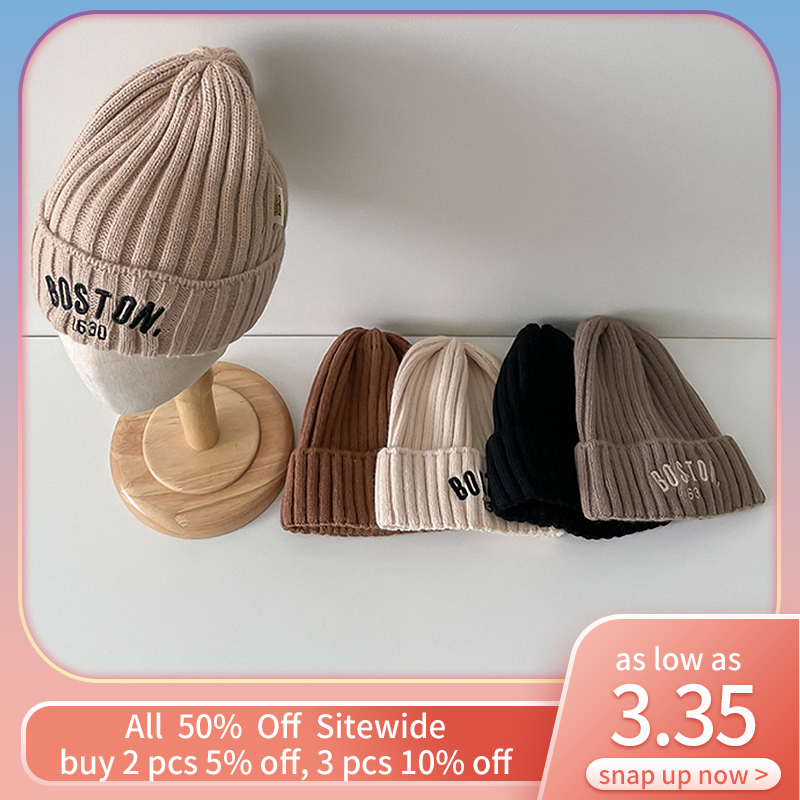 Модная детская вязаная шапка с надписью, Осень-зима, детская теплая шапка для мальчиков и девочек, однотонная шерстяная вязаная шапочка, Детские шапочки, шапка