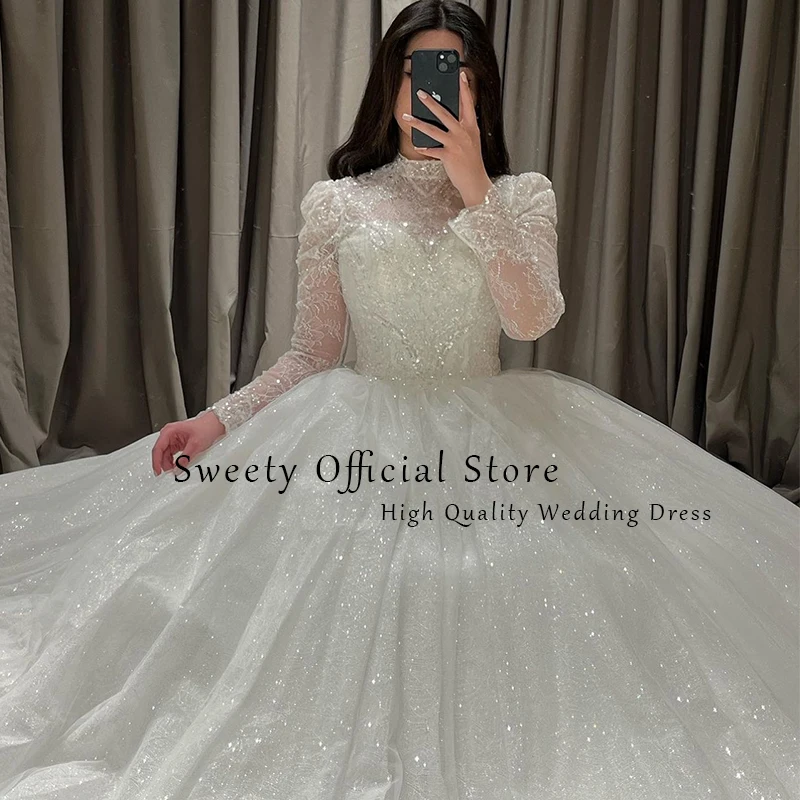 Luxury Wedding Dress Beading With Embroidery Lace Sequins Ball Gown Full Sleeve High-Neck Bride Dress Robe De Mariee Customized