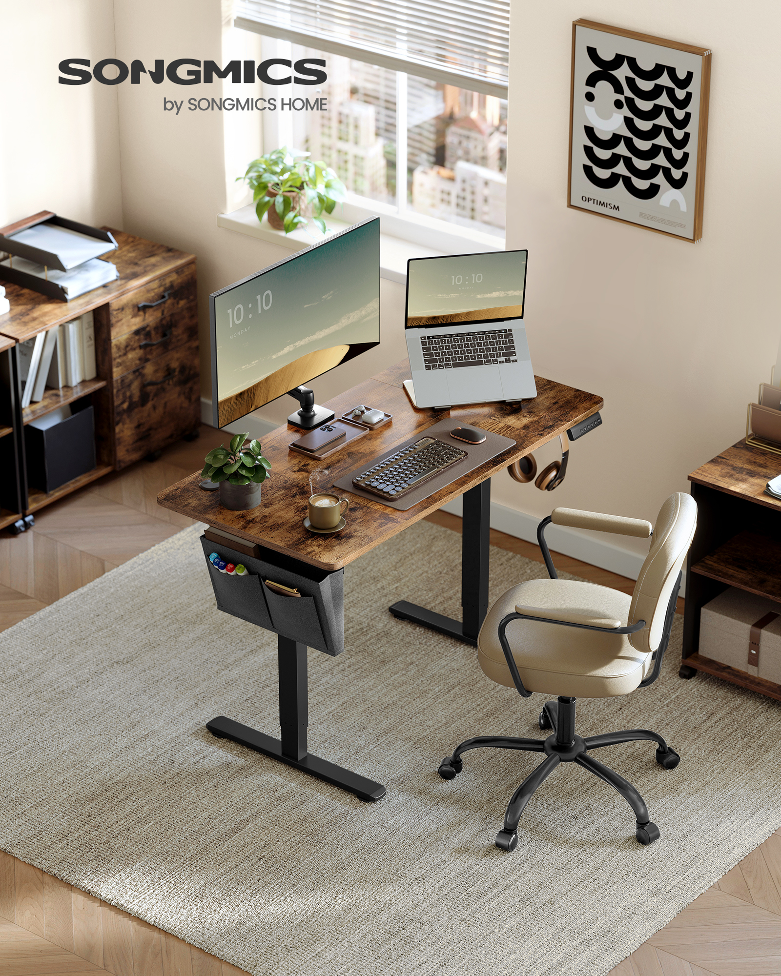 SONGMICS Bureau Électrique Assis-Debout, Bureau Réglable en Hauteur, 60 x 120 x (72-120) cm, 4 Hauteurs Mémorisables, Pochette de Rangement, pour Bureau