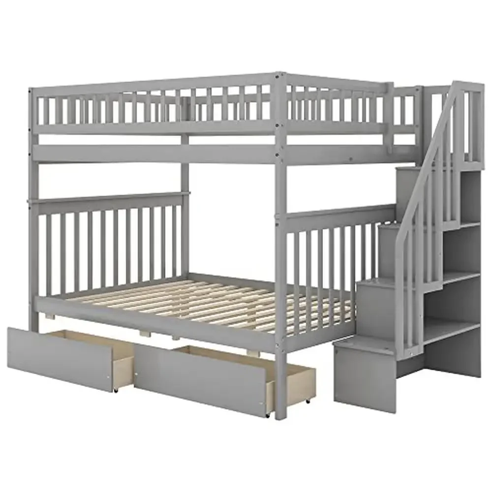 Solid Wood Full Over Full Bunk Bed with Stairway and Storage Drawers Gray 250lbs Weight Capacity