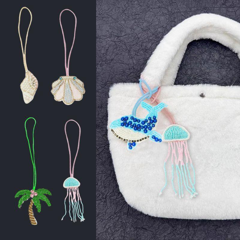 LLavero de cuerda colgante de ballena, árbol de coco, estrella de mar, parches de cuentas de diamantes de imitación hechos a mano en 3d, bolsa de cristal, cordón, decoración colgante