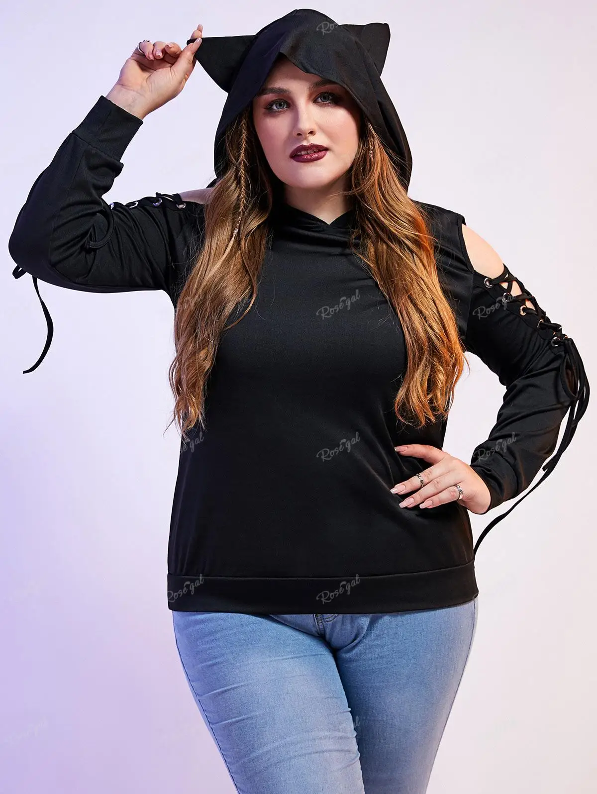 Rosegal bonito outono, inverno feminino colorblock jaqueta orelha de gato com nervuras com capuz quente manga longa casaco com zíper 4xl outwear topos nova chegada