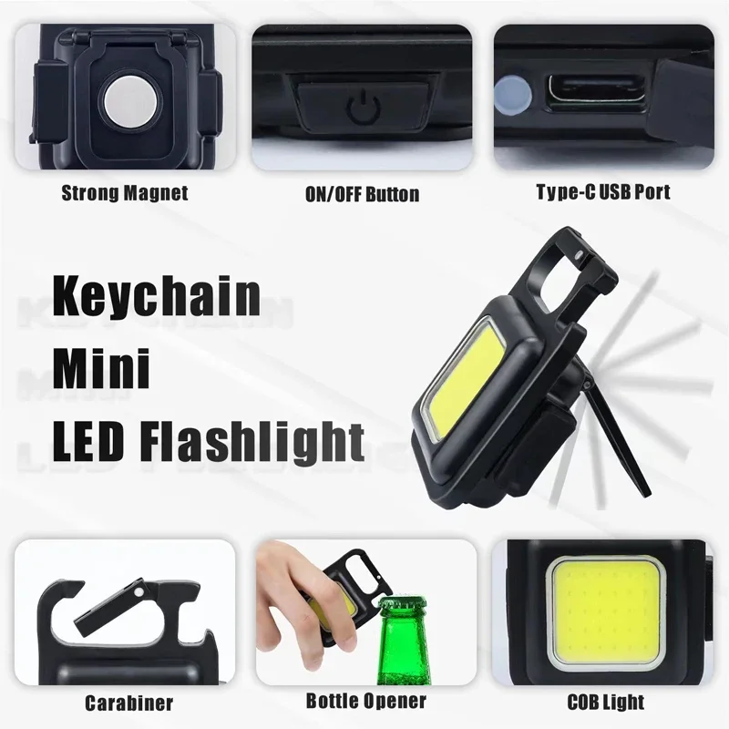 MINI LED ไฟฉาย USB ชาร์จพวงกุญแจ Corkscrew ทํางานแม่เหล็กพ็อกเก็ตขนาดเล็กสําหรับตกปลาตั้งแคมป์กลางแจ้ง