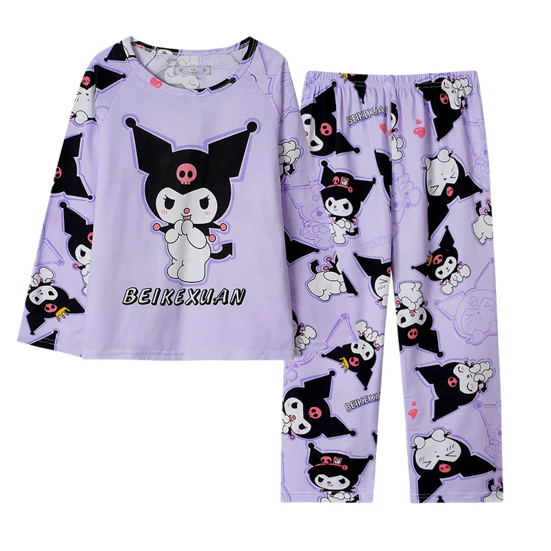 Sanrio-Conjunto de pijama de seda de leche para niños, pijama Kawaii Sanrioed de Anime Cinnamoroll Kuromi, ropa de casa para niños, otoño 2024