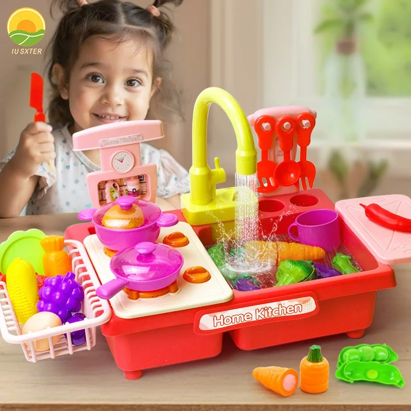 Fregadero eléctrico para niños, lavavajillas, juguete de agua con simulación de frutas y verduras, comida cortada, cocina, juego de simulación, cocina para regalos de 3 años