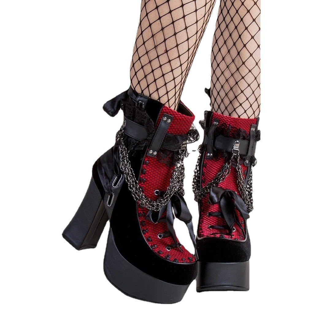 Botas cortas con lazo y cadena de estilo gótico para mujer, botines con plataforma gruesa y tacón cuadrado con punta redonda Retro, zapatos de fiesta Punk para mujer