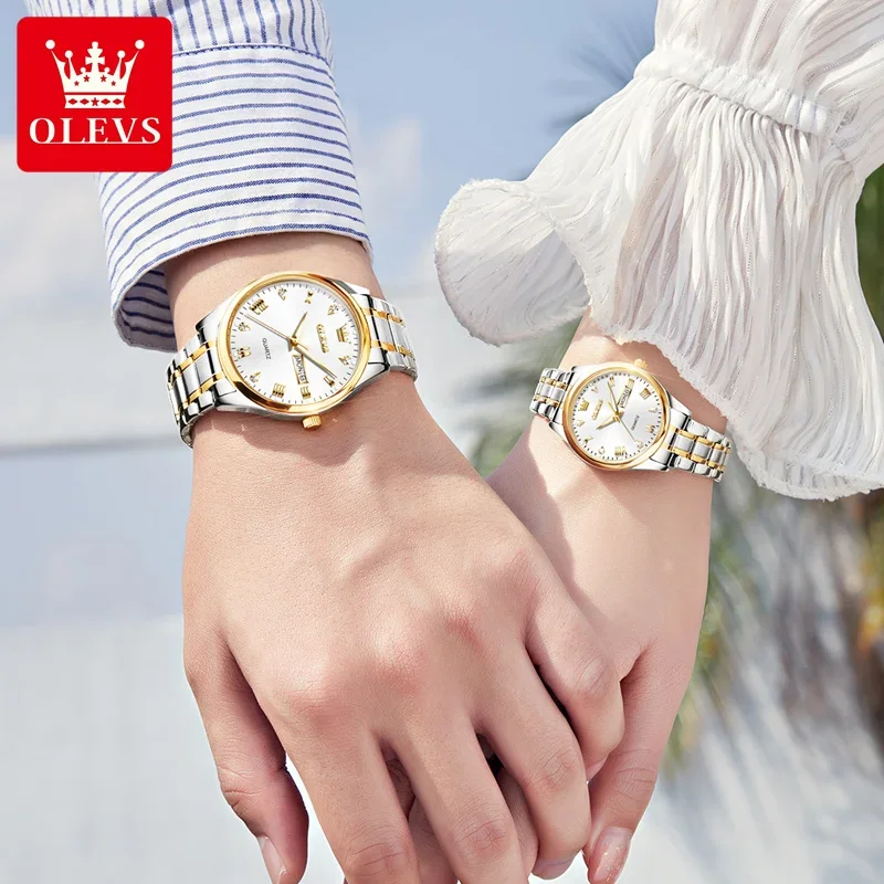 Olevs 5563 หรูหราควอตซ์คู่นาฬิกาสแตนเลสนาฬิกากันน้ําผู้ชายผู้หญิง dual ปฏิทินแฟชั่นนาฬิกามือ