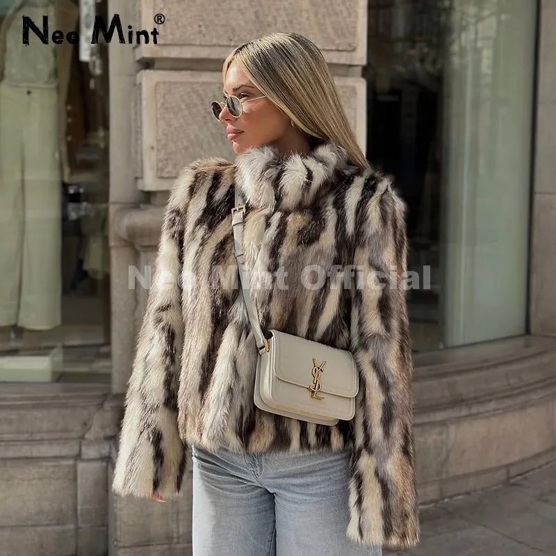 Neo mint marca designer zebra tira impressão jaqueta de pele do falso feminino outono inverno 2025 gola casaco de pele de raposa ins meninas outerwear