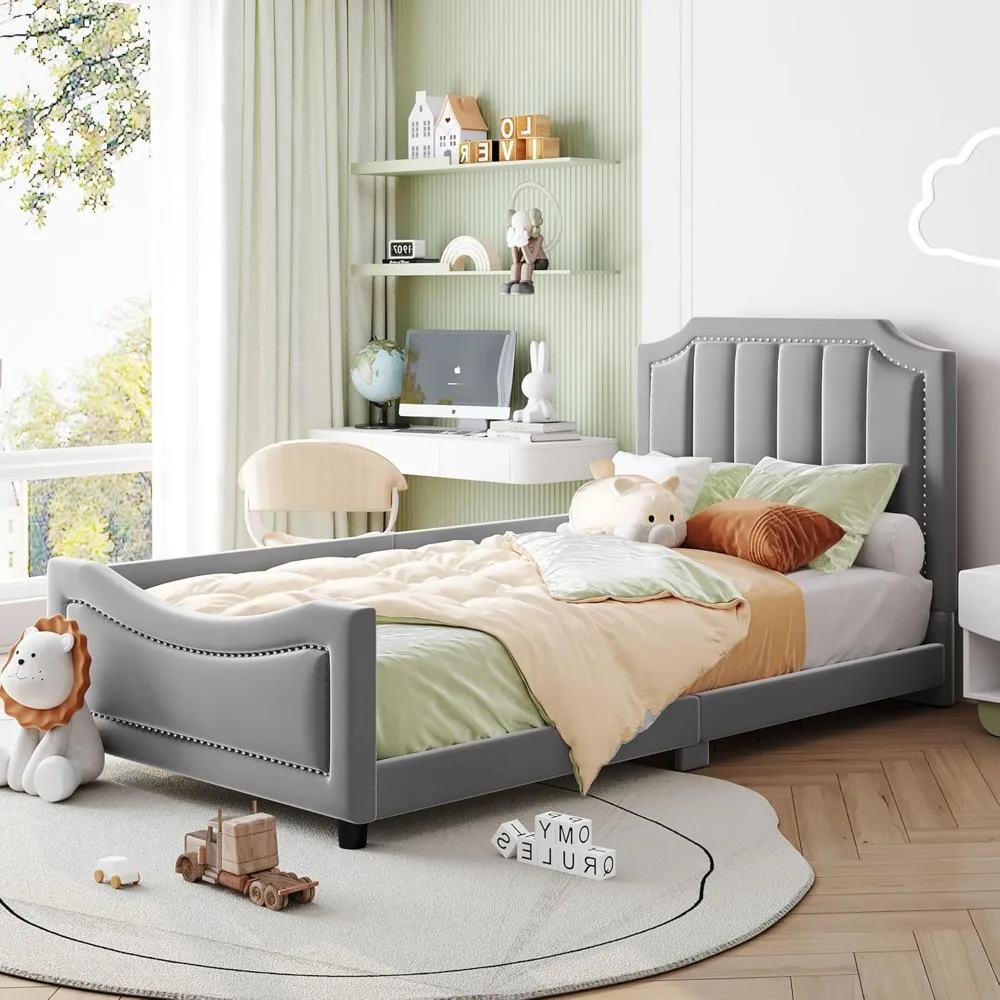Gray Twin Size Bed Frame for Kids, Upholstered Twin Daybed with Classic Stripe Shaped Headboard, Velvet Twin Platform Bed
