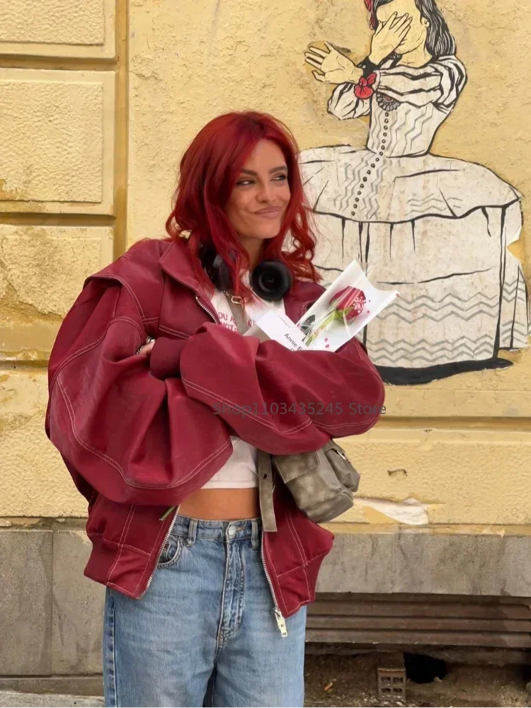 2025 neue Frauen Wein rot Reiß verschluss Lederjacke lässig Langarm Revers kurz geschnittenen Mantel Vintage Herbst Mode Oberbekleidung