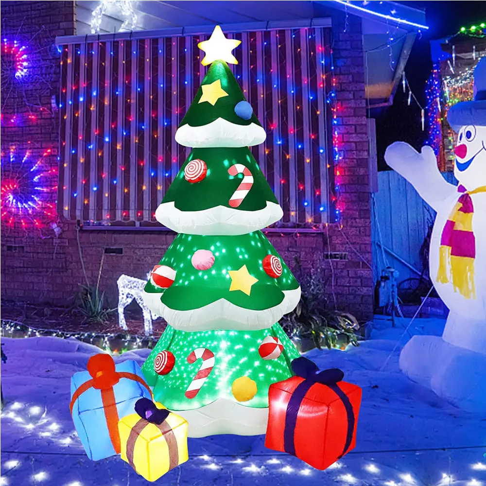 LEDライト付きインフレータブルクリスマスツリー、屋外クリスマスオーナメント、屋内装飾おもちゃ、パーティーギフト、新年、2.1m、7フィート
