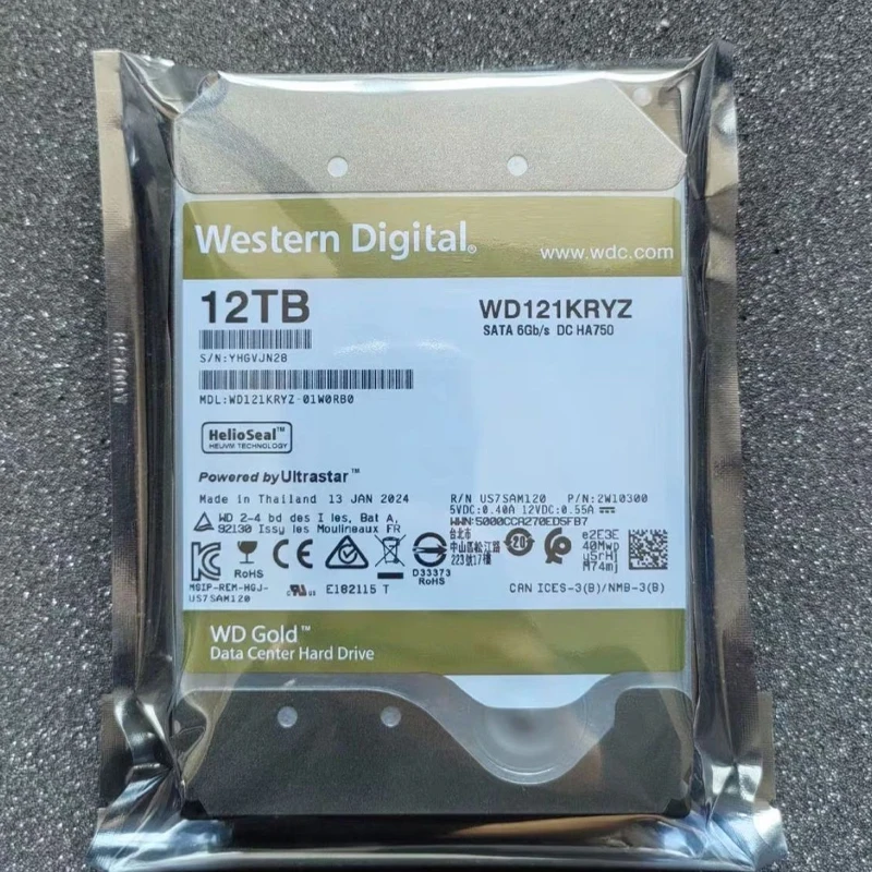 WD gold 12TB  WD121VRYZ disk  HDD 12TB super large capacity 7200 speed NAS desktop server workstation general SATA 256M
