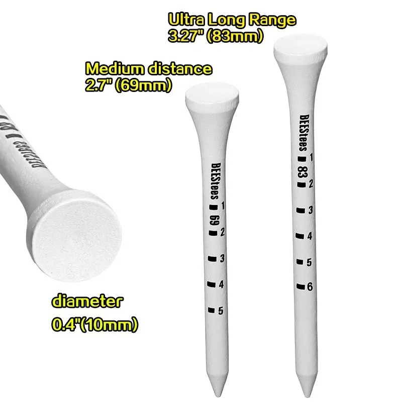 50 Stück Bambus-Golf-Tees, 83 mm, weiß und schwarz, verstellbare Tiefe, seitliche Spin-Reduktion, Reibungsgrad-Skala-Tees