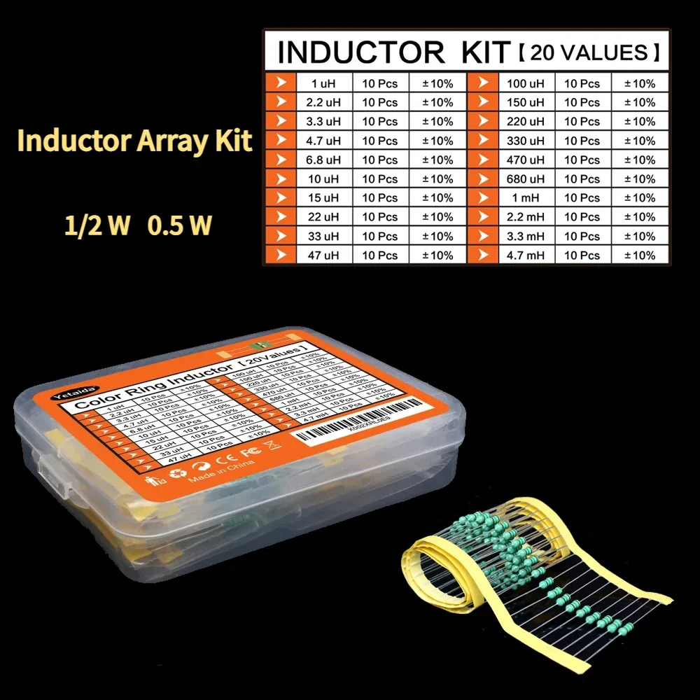 Assortimento di induttori da 200 pezzi 1/2W Set 0,5W Induttanza ad anello colorato da 1UH a 4,7MH 20Valuesx10 pezzi Kit assortito di induttori
