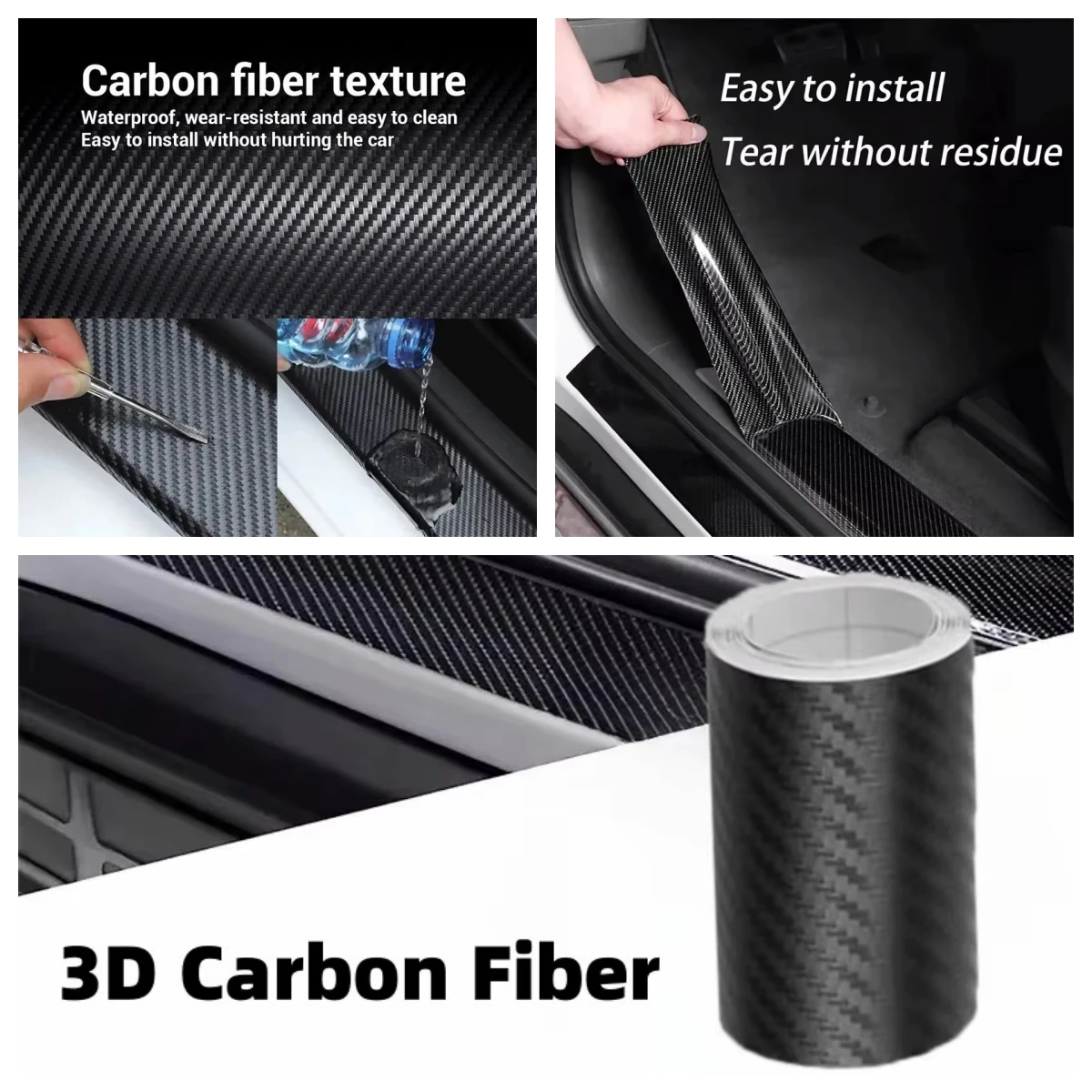 Adesivo per auto in fibra di carbonio 3D Striscia protettiva per pasta Pellicola protettiva per autoveicoli fai-da-te Nastro antigraffio per specchietto laterale per davanzale della porta automatica