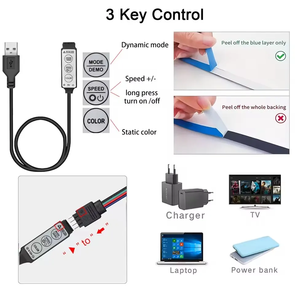 Luci a LED RGB 5050 per TV Striscia LED con controllo a 3 tasti Luci a nastro USB 5V per retroilluminazione TV Decorazione per feste a casa Nastro flessibile