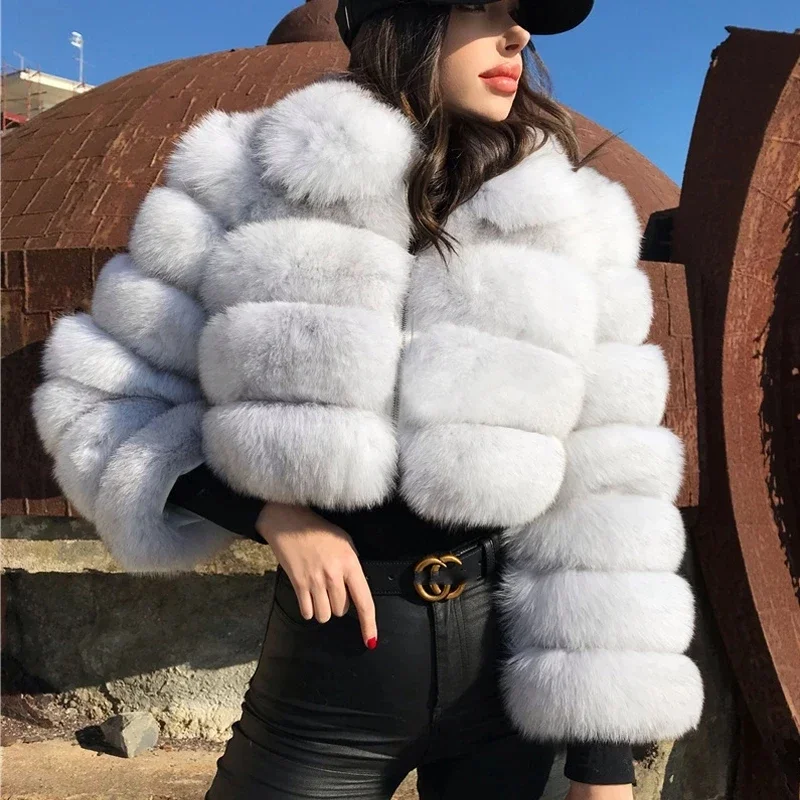 สบายๆสีขาวสีดําปุยฤดูใบไม้ร่วงฤดูหนาว Faux FUR Coat ผู้หญิงสั้นเสื้อแขนยาว Cropped PUFFER FUR JACKET สําหรับผู้หญิง Outwear
