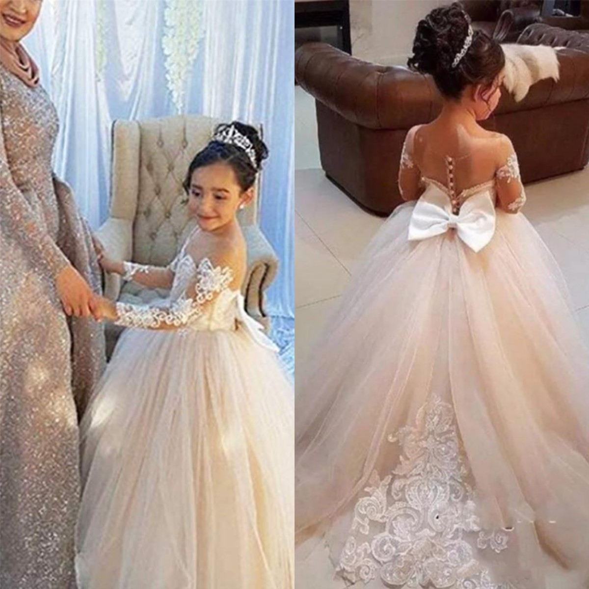 Vestidos de menina de flor de mangas compridas para casamento vestido de dama de honra júnior vestido de primeira comunhão de renda