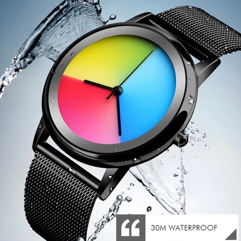 Nuevo reloj único para mujer, reloj de pulsera de cuarzo con esfera cambiante colorida informal a la moda, relojes simples de acero ultrafinos para mujer, regalo especial