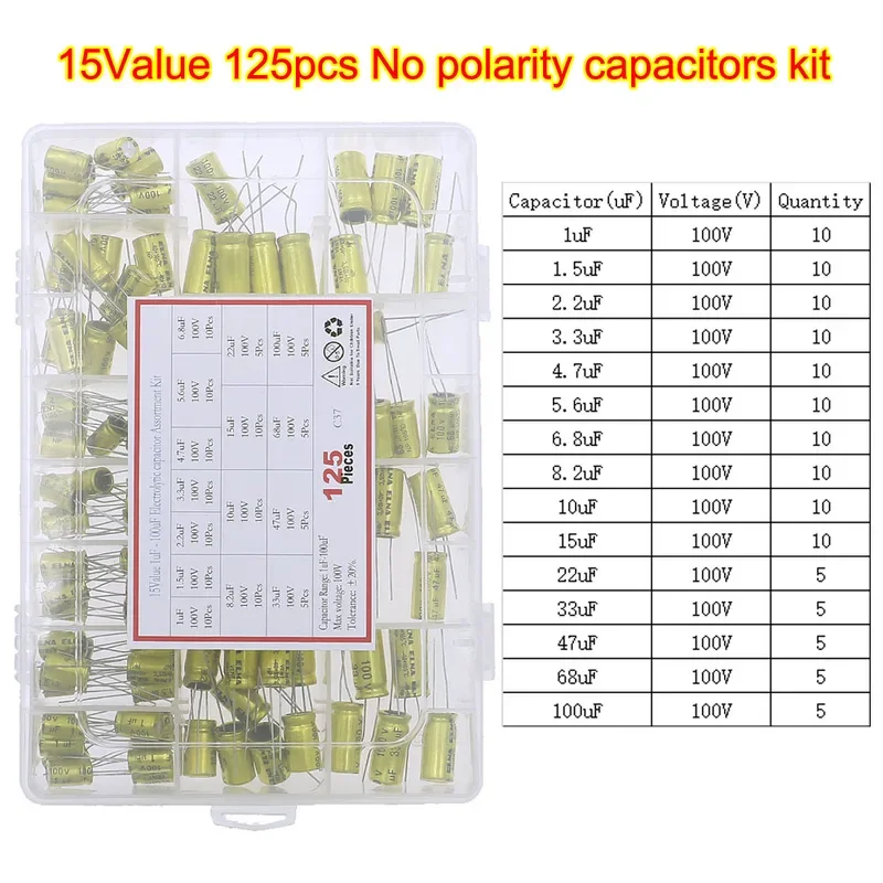 16V 25V 35V 50V 100V 400V 0,1uF-1500uF DIP SMD Conjunto de kit de sortimento de capacitores eletrolíticos