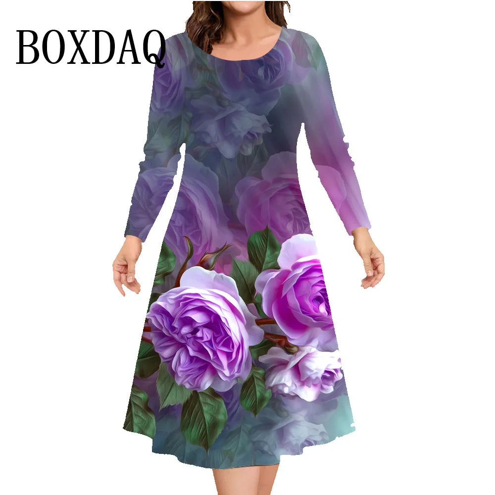 Blume O-Ausschnitt Kleid lässig lose Druck Kleider Frauen Mode Party A-Linie Kleid Herbst Winter Langarm plus Größe Kleidung 9xl