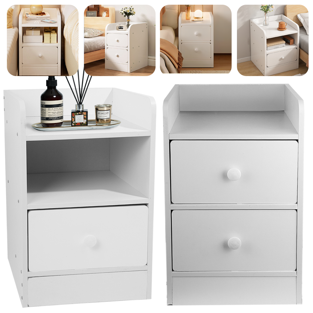 Double Drawer Night Table, White Bedside Table, Small Footprint, Durable And Sturdy, Smooth Rounded Edges And Corners